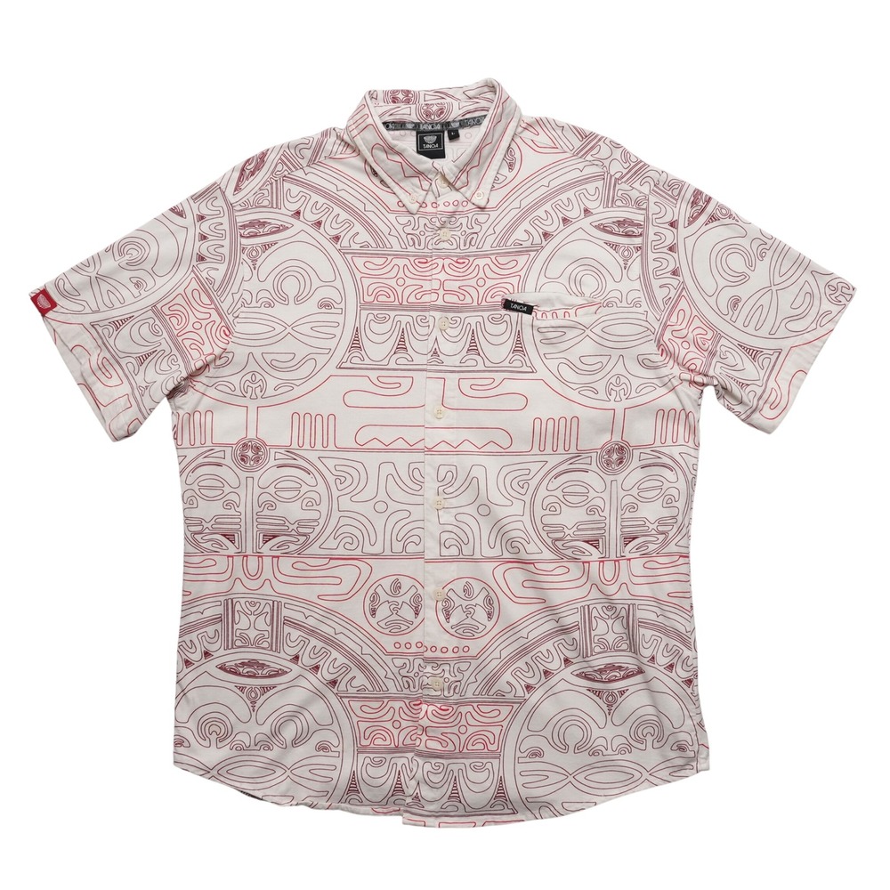 Tanoa Hawaiian Shirt Mens Large White Red Tribal Polynesian Button Down